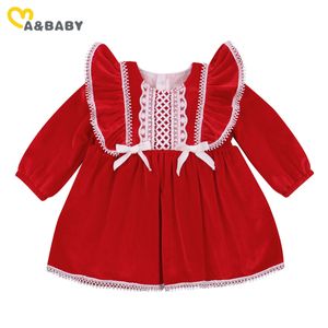 6m-4Y Boże Narodzenie Born Infant Baby Girls Tutu Dress Velvet Z Długim Rękawem Ruffles Koronki Bow Party Xmas Red Dresses 210515