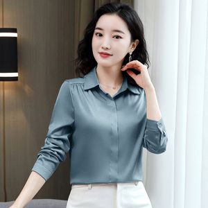 Корейские шелковые женские рубашки женщины сатин блузки с длинным рукавом блузка плюс размер белая рубашка дамы 210427