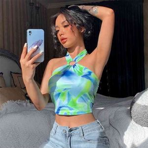 Tie Dye Tryckt Y2K Halter Crop Top Kvinnor Sommar Chic Ärmlös upp Backless Tee Party Tank Kvinnlig skjorta Beachwear 210510