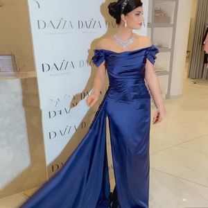 Elegant Navy Blue Prom Dress 2022 Simple Short Sleeve Satin Evening Gowns For Women Off Shoulder robes de soirée
