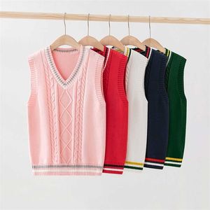 Girls Sweaters Sleeveless Pullover Sweater for Boys Knitted Vest School Uniform Children V-neck Waistcoat Cotton Clothes 211201