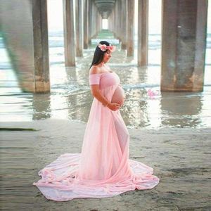 Pregnant Women Chiffon Patchwork Off Shoulder Front Slit Floor Length Dress Prop Q0713