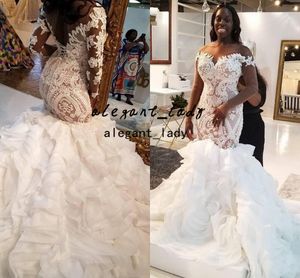 Plus Size African Mermaid Wedding Dresses 2022 vestido de noiva Royal Long Train Appliques ruffles long sleeve bridal gowns