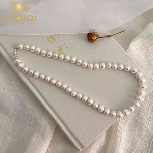 Ashiqi Natural Freshwater Pearl Necklace Sterling Silver Button Sieraden voor Dames Mode Persoonlijkheid Huwelijksgeschenk