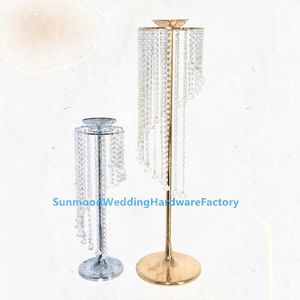 Party Decoration Style Wedding Candlestick / Gold Metal Crystal Pillar Flower Holder Centerpiece Yuson0015