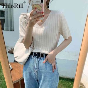 Kvinnor V Neck Solid Casual T Shirt Striped Half Sleeve Basic Ladies Toppar Sommar Office Wear Tshirt Kvinna Ropa de Mujer 210508