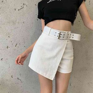 Seksi Siyah Mini Etekler Şort Kızlar Streetwear Yüksek Bel Düzensiz Kemer A-Line Hakama Kadınlar Gevşek Casual Lady 210601