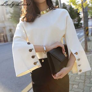 Spring shirts Women Solid White O-Neck Button Long Flare Sleeve Casual Loose suede sweatshirt Tops mujer drop 210529