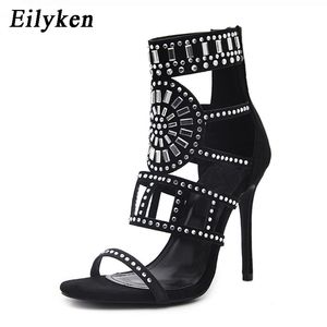 Top Quality Ethnic Open Toe Strass Design Sandálias de Salto Alto Cristal Ankle Envoltório Diamante Gladiador Mulheres Sandálias Preto Tamanho 35-42