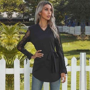 Notched Neck Lace Patchwork Long Sleeve Tops Blouses Women Spring Summer Black Elegant Office Lady Belted Blouse 210510