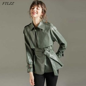 FTLZZ Bahar Sonbahar Yaka Faux Deri Ceket Kadınlar Yeşil PU Ceket Basitlik Gevşek Ceketler Ofis Bayan Dış Giyim Kemer Ile 210909