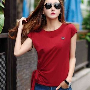 Ropa Moda Mujer 여름 코튼 화이트 티셔츠 활 여성 한국어 패션 탑스 티셔츠 여성 Tshirt Batwing 슬리브 의류 210324