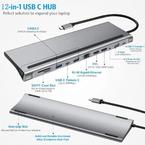 12in1 Type-C Множественная док-станция Dual HD VGA Audio TF / SD Ethernet PD USB C HUB CHUB