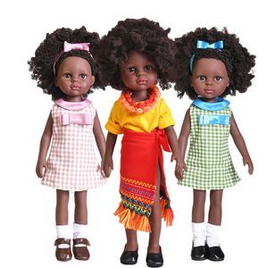 35 cm Zwarte African American Reborn Pop Volledige Siliconen Vinyl Baby Poppen Afrikaanse Pop Mooi Meisje Speelgoed Bad Speelgoed Geschenken Kleed Toys Q0910