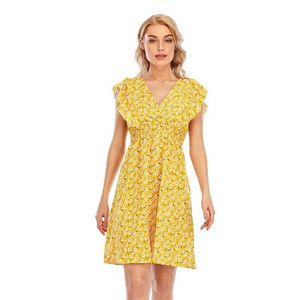 Summer new style V-neck chiffon print ruffled sleeveless dress beach skirt Y0603