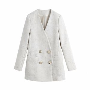 Kvinnor Mode Dubbel Breasted Loose Tweed Jacket Coat Vintage Långärmade Fickor Kvinnor OuterWear Chic Toppar 210520