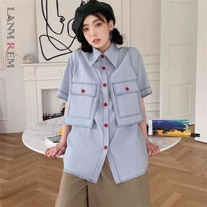 Wholesale bright blue shirts for sale - Group buy Women Blue Big Pocket Bright Line Shirt Loose Lapel Short Sleeve Shirts Female Fashion Summer H154