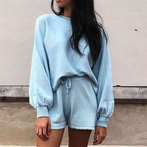 Spring Summer Womens Sweater Dois Peça Set Suff Sleeve Top Shorts Set sexy umbigo Camisola Mulheres Pullovers 210508