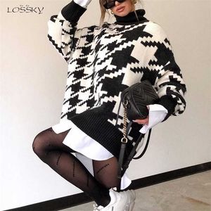Długi Sweter Sukienka Jesień Zima Moda Houndstooth Black Turtleneck Rękaw Knit Pullover Tops Odzież dla kobiet Spadek 211011