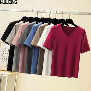 Женщины футболки летний Pinstripe V-образным вырезом с коротким рукавом сплошные топы офисные леди эластичные хараджуку футболки 8 цвет 210514
