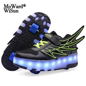 Tamaño 28-40 Kids Roller Sneakers con luces LED Boys Girls Glowing Wheels Shoes para niños Luminous Shoes on Wheels Re-charged 210329