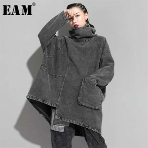 [Eam] Loose Fit Black Denim Oversized Sweatshirt Hög krage Långärmad Kvinnor Stor Storlek Mode Vår Höst 1K166 210928