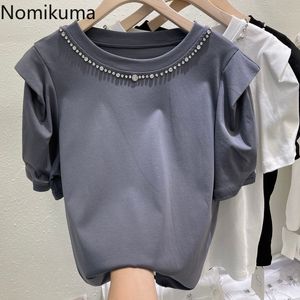 Nomikuma Kvinnor Koreanska diamanter O-Neck Puff Sleeve Grafisk T-shirt Sommar Ny Kausal Solid Blusas Mujer de MODA 6H392 210427
