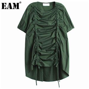 [EAM] Abito da donna verde con coulisse di grandi dimensioni irregolare girocollo mezza manica vestibilità ampia moda primavera estate 1DD7788 21512