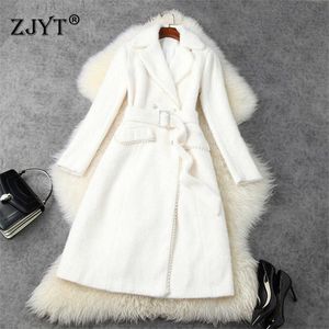 Top Quality Beading Long Wool Blends Coat Winter Women Turn Down Collar Lace Up Woolen Jackets Thick Warm Overcoat Party Outwear 210601