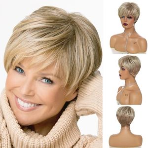 Short Bob Wigs with Bangs Pixie Cut Brazilian Human Hair Ombre Blonde Color Heat Resistant Wig for American White Black Women