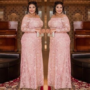 Light Pink Plus Size Lace Prom Dresses Sheer Jewel Neck Long Sleeves Evening Gown Sequined Column Floor Length Formal Dress Abiti Da Sera