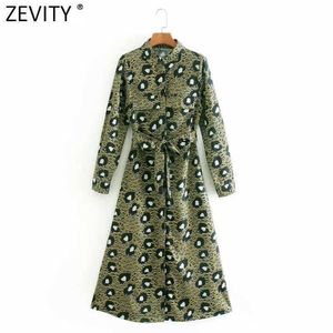 Zevity Women Vintage Turn Down Collar Leopard Print Bow Tie Sashes Shirt Dress Femme Long Sleeve Casual Slim Midi Vestido DS4945 210603