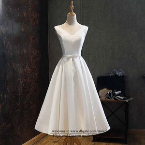 Sweety Sexy White Deep V-Neck A-Line Formal Evening Dresses 2021 Bow Satin Lace Up Prom Party Gowns E43