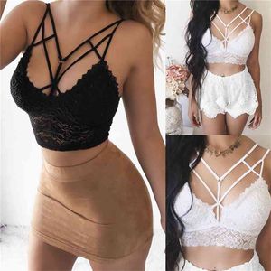 Women Camisole Sexy Deep V-Neck Tanks Lace Short Crop Tops Vest Underwear Bandage Ladies Hollow Out Clothing 210522