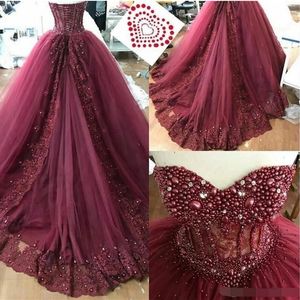 Burgundy Ball Gown Quinceanera Dresses 2021 Beaded Crystals Lace Applique Sweetheart Neckline Tulle Custom Made Princess Sweet 16 Pageant Formal Wear vestidos