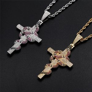 Iced Out Retro Cross Snake Pendant Halsband Guld Silver Plated Micro Paved Zircon Mens Hip Hop Smycken