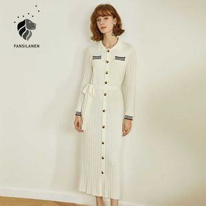 FANSILANEN Striped white long knitted sweater dress Women sleeve spring elegant Female slim belt casual office 210607