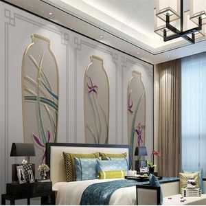 Bela paisagem papéis de parede orquídea vaso estilo chinês borda dourada linha de fundo