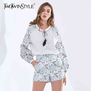 TWOTWINSTYLE Print Two Piece Set Fot Women O Neck Lantern Long Sleeve Lace Up Top High Waist Shorts Casual Sets Female 210517