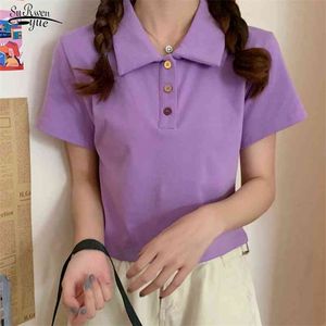 Primavera Camisa Verão Algodão Elástico Polo Collar T-Shirt Mulheres Coreano Curto-Manga Moda 3 Cores Camisas Para 13330 210510