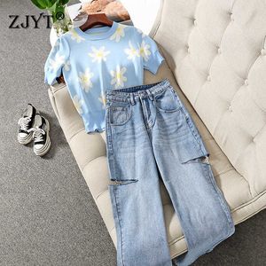 Fashion Summer Streetwear Women Short Sleeve Floral Pullover Knitting Top+Hole Jeans Pants Suit Two Piece Clothing Casual Outfit 210601