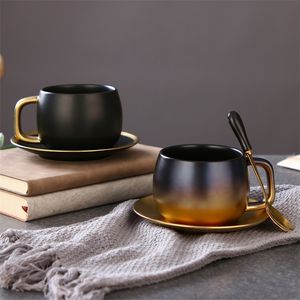 Luxury Black Gold Ceramic Coffee Cup Espresso Tea Breakfast Milk And Saucer Set With Spoon Gift Box 220311