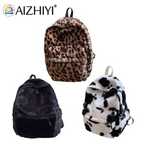 Zima Pluszowa torba Casual Plush Plecak SchoolBag Kobiety Krowa Leopard Wzór Podróż Plecak Lady Nastolatek Student Packet Y1105