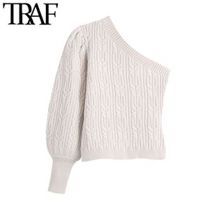 Женщины мода асимметричный кабель вязаный свитер винтажный экипаж шеи фонарик рукава женские пуловеры шикарные вершины 210507
