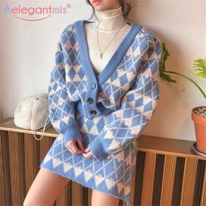 Aelegantmis Korean Style Loose 2 Piece Knitted Sets Women Diamond Sweater Cardigan & Elastic Empire Mini Skirt Female Soft Warm 210607
