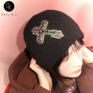 Muts / Skull Caps Punk Harajuku Gothic Rhinestone Cross Hoeden voor Dames Y2K Gebreide Beanie Cool Girl Streetwear Hip Hop