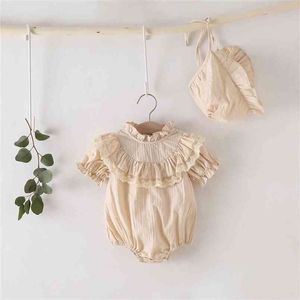 8159 Ubrania dla dzieci Born Girl Romper z kapelusz Letni Stojak Kołnierz Ruffles Toddler Outfit 210621