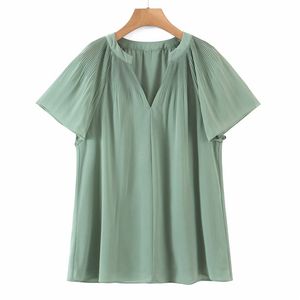 Mulheres verão vintage plissado blusas tops chiffon camisas manga curta sólida v-pescoço feminino moda solta top túnica blusas 210513