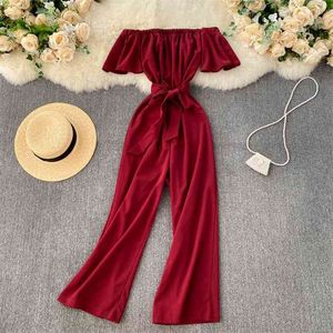 Women Fashion Slash Neck Slim Short Sleeve Wide-legged Jumpsuits Summer Solid Color Overalls R974 210527