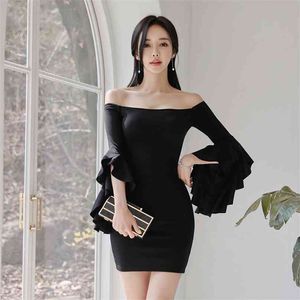 オフショルダータイトドレス韓国の女性夏の黒いノースリーブミニロングスリーブセクシーなキャバレーパーティードレス210602